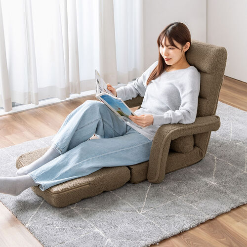 座椅子（肘付き・ソファベッド・14段階リクライニング・ダブルクッション座面・日本メーカー製ギア・ボア生地・ふわもこブラウン）