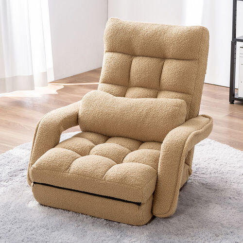 座椅子（肘付き・ソファベッド・14段階リクライニング・ダブルクッション座面・日本メーカー製ギア・ボア生地・ふわもこベージュ）
