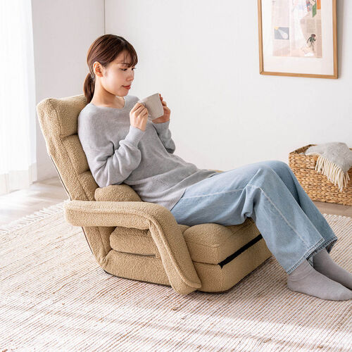 座椅子（肘付き・ソファベッド・14段階リクライニング・ダブルクッション座面・日本メーカー製ギア・ボア生地・ふわもこベージュ）