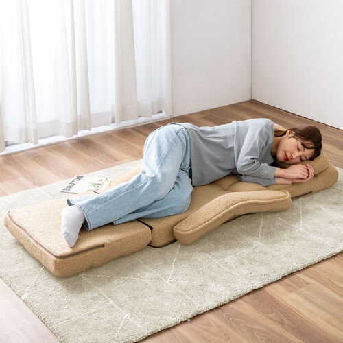 座椅子（肘付き・ソファベッド・14段階リクライニング・ダブルクッション座面・日本メーカー製ギア・ボア生地・ふわもこベージュ）