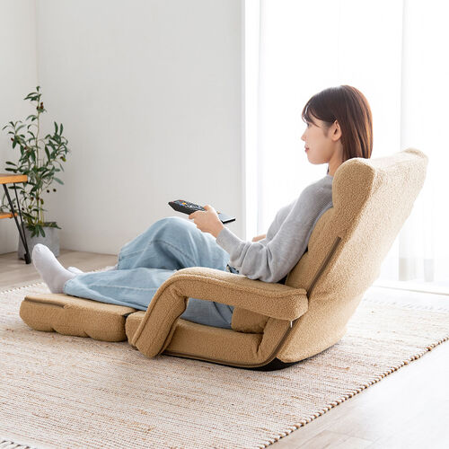 座椅子（肘付き・ソファベッド・14段階リクライニング・ダブルクッション座面・日本メーカー製ギア・ボア生地・ふわもこベージュ）