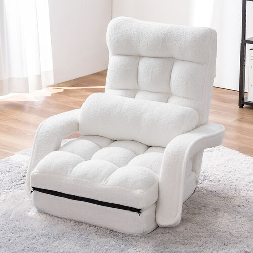 座椅子（肘付き・ソファベッド・14段階リクライニング・ダブルクッション座面・日本メーカー製ギア・ボア生地・ふわもこホワイト）