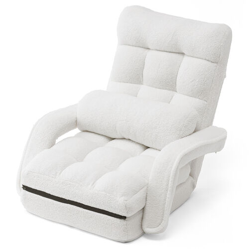 座椅子（肘付き・ソファベッド・14段階リクライニング・ダブルクッション座面・日本メーカー製ギア・ボア生地・ふわもこホワイト）