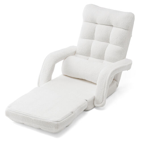 座椅子（肘付き・ソファベッド・14段階リクライニング・ダブルクッション座面・日本メーカー製ギア・ボア生地・ふわもこホワイト）