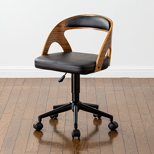 曲木オフィスチェア（ウォルナット・木製・背もたれ・座面高さ44.5cm～52cm・ガス圧昇降式・360°回転・キャスター付き）