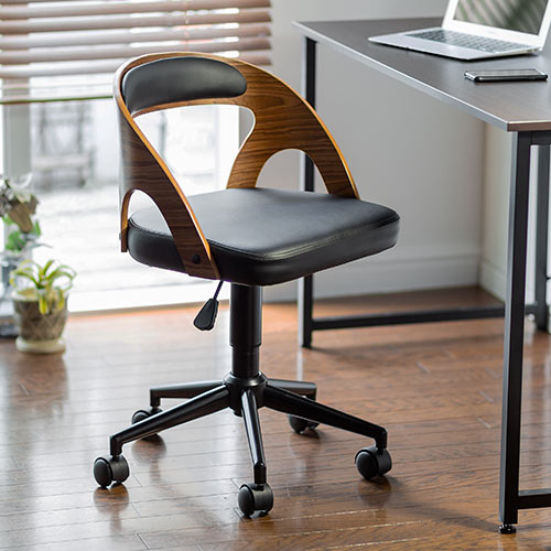 曲木オフィスチェア（ウォルナット・木製・背もたれ・座面高さ44.5cm～52cm・ガス圧昇降式・360°回転・キャスター付き）