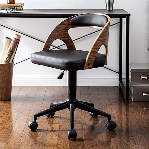 曲木オフィスチェア（ウォルナット・木製・背もたれ・座面高さ44.5cm～52cm・ガス圧昇降式・360°回転・キャスター付き）