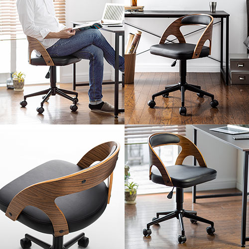 曲木オフィスチェア（ウォルナット・木製・背もたれ・座面高さ44.5cm～52cm・ガス圧昇降式・360°回転・キャスター付き）