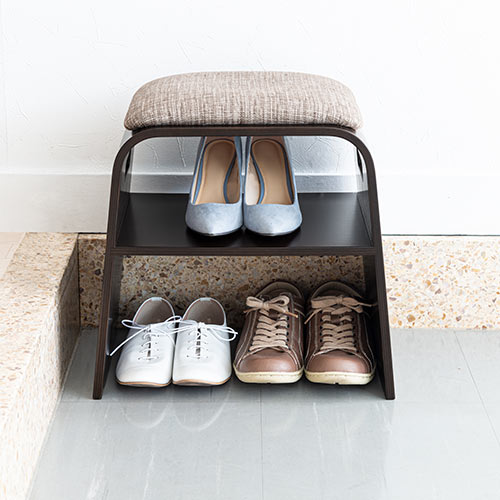 玄関椅子（玄関チェア・玄関ベンチ・スツール・腰かけ・靴収納・スリッパ収納・クッション付き・木製・曲木・ブラウン）