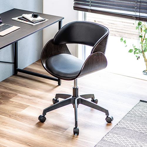 ウッドバーチェア オフィスチェア ワークチェア 幅広座面 天然木 ウォールナット PUレザー キャスター