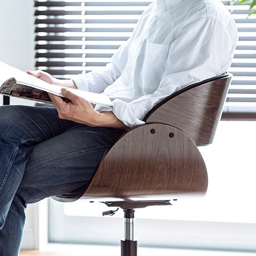 ウッドバーチェア オフィスチェア ワークチェア 幅広座面 天然木 ウォールナット PUレザー キャスター