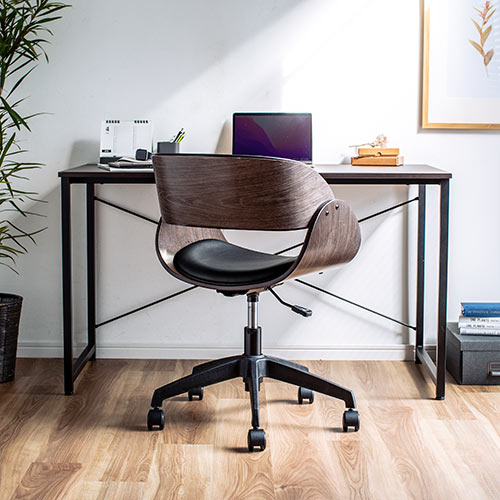 ウッドバーチェア オフィスチェア ワークチェア 幅広座面 天然木 ウォールナット PUレザー キャスター
