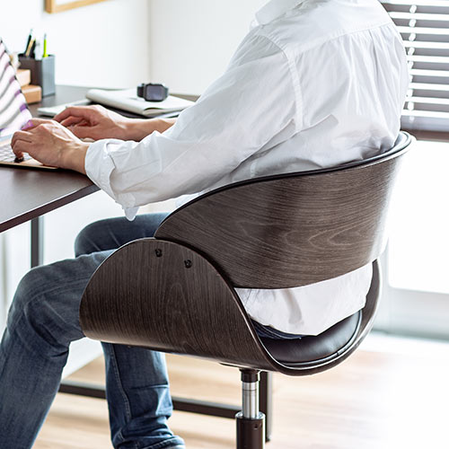 ウッドバーチェア オフィスチェア ワークチェア 幅広座面 天然木 ウォールナット PUレザー キャスター