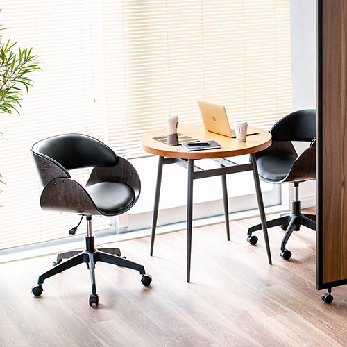 ウッドバーチェア オフィスチェア ワークチェア 幅広座面 天然木 ウォールナット PUレザー キャスター