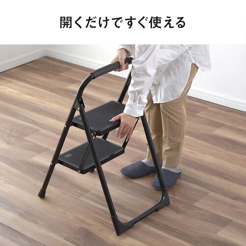 脚立（2段タイプ・踏み台・トラック荷台昇降・トラック昇降設備・ステップ・折りたたみ・滑り止め・持ち手・手すり付き・黒） SNCH046BK