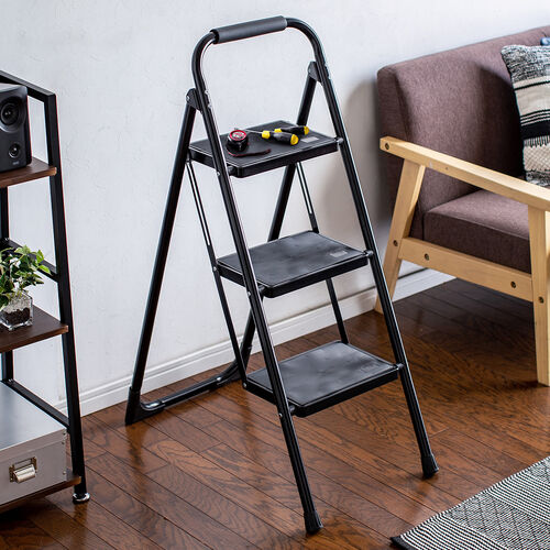 脚立（3段タイプ・踏み台・トラック荷台昇降・トラック昇降設備・ステップ・折りたたみ・滑り止め・持ち手・手すり付き・黒） SNCH047BK