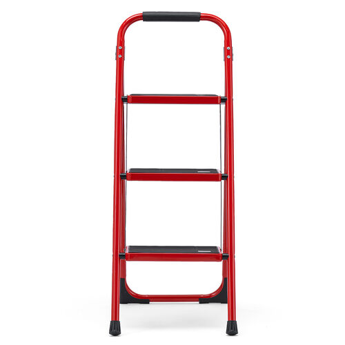 脚立（踏み台・折りたたみ・滑り止め付き・持ち手付き・手すり付き・3段・レッド）