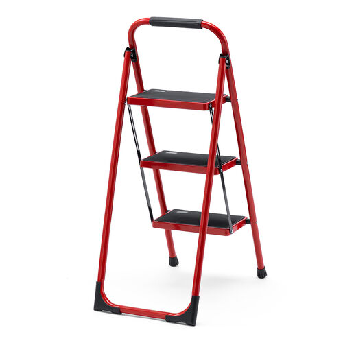 脚立（踏み台・折りたたみ・滑り止め付き・持ち手付き・手すり付き・3段・レッド）