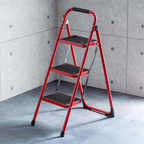 脚立（踏み台・折りたたみ・滑り止め付き・持ち手付き・手すり付き・3段・レッド）