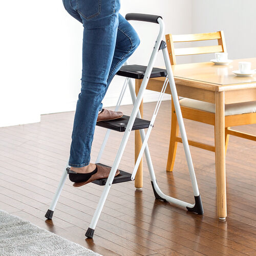 脚立（3段タイプ・踏み台・トラック荷台昇降・トラック昇降設備・ステップ・折りたたみ・滑り止め・持ち手・手すり付き・白） SNCH047W