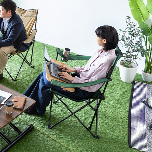 折りたたみチェア（キャンピングオフィスチェア・ワーケーション・アウトドア・カップホルダー付き・コンパクト収納・収納袋付き・グリーン）
