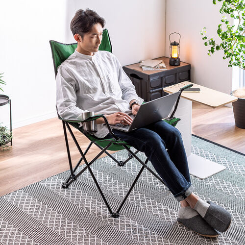 折りたたみチェア（キャンピングオフィスチェア・ワーケーション・アウトドア・カップホルダー付き・コンパクト収納・収納袋付き・グリーン）