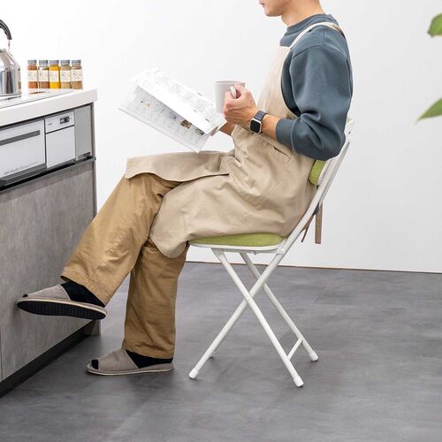 折りたたみチェア（コンパクト・軽量・クッション・パイプ・布・背もたれ・持ち運び・キッチン・ファブリック・スリム・完成品・グリーン）