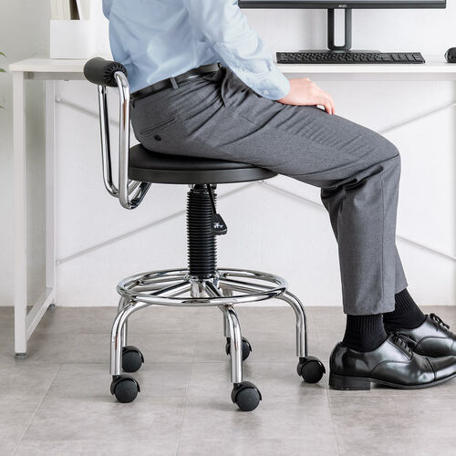 カウンターチェア（ラウンドスツール・オフィスチェア・キッチンチェア・丸型スツール・背もたれ付き・足置き付き・キャスター付き・ブラック）