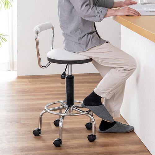 カウンターチェア（ラウンドスツール・オフィスチェア・キッチンチェア・丸型スツール・背もたれ付き・足置き付き・キャスター付き・ホワイト）