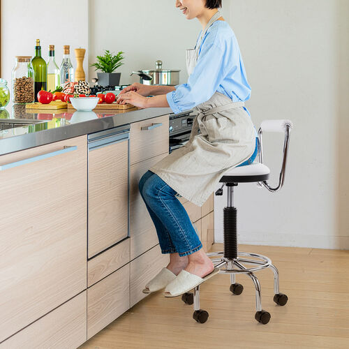 カウンターチェア（ラウンドスツール・オフィスチェア・キッチンチェア・丸型スツール・背もたれ付き・足置き付き・キャスター付き・ホワイト）