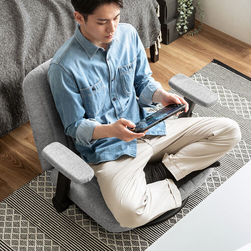 あぐら座椅子（幅広座椅子・3Dアームレスト・肘跳ね上げ・360°回転・グレー）