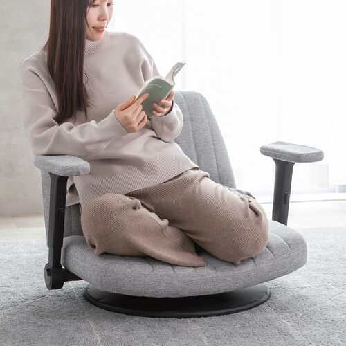 あぐら座椅子（幅広座椅子・3Dアームレスト・肘跳ね上げ・360°回転・グレー）