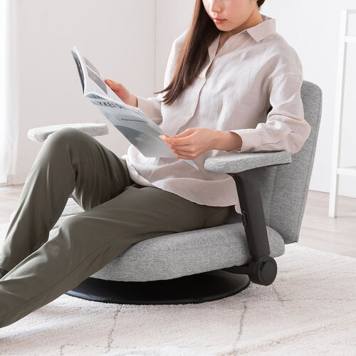 あぐら座椅子（幅広座椅子・3Dアームレスト・肘跳ね上げ・360°回転・グレー）