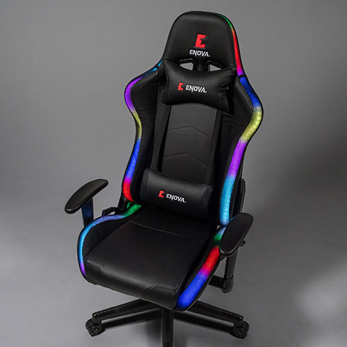 ゲーミングチェア（LED内蔵・ハイバック・バケットシート・リクライニング・ロッキング・ヘッドレスト・ランバーサポート・肘掛け付き・PUレザー・ブラック）SNCL017BK