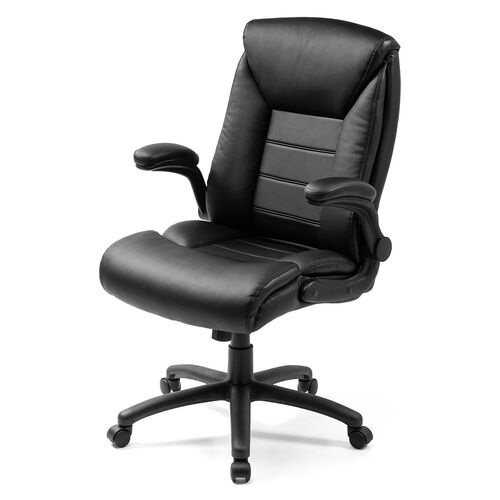 レザーチェア（極厚クッション・PUレザー・跳ね上げ式肘掛け・ロッキング・ミドルバック・社長椅子）