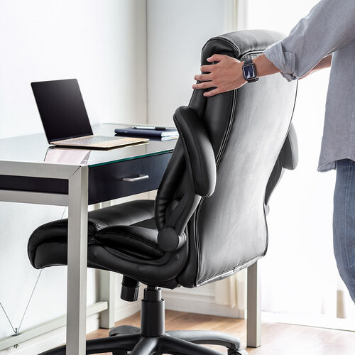 レザーチェア（極厚クッション・PUレザー・跳ね上げ式肘掛け・ロッキング・ミドルバック・社長椅子）