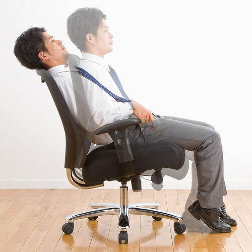 メッシュチェア（ネット・ミドルバック・ロッキング・肘付き・高耐荷重・ランバーサポート・ブラック）