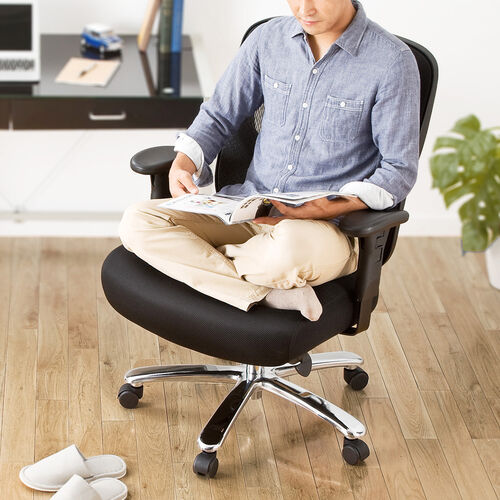 メッシュチェア（ネット・ミドルバック・ロッキング・肘付き・高耐荷重・ランバーサポート・ブラック）