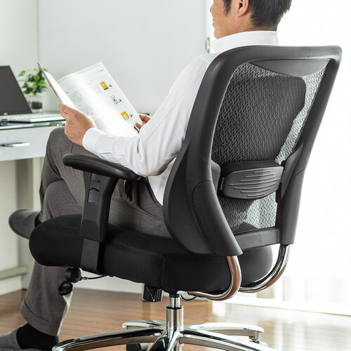 メッシュチェア（ネット・ミドルバック・ロッキング・肘付き・高耐荷重・ランバーサポート・ブラック）