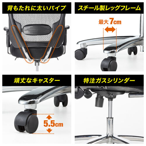 メッシュチェア（ネット・ミドルバック・ロッキング・肘付き・高耐荷重・ランバーサポート・ブラック）