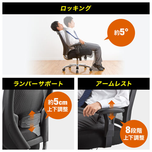 メッシュチェア（ネット・ミドルバック・ロッキング・肘付き・高耐荷重・ランバーサポート・ブラック）