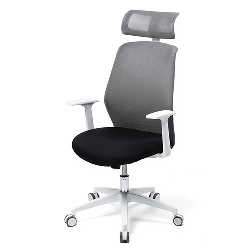 メッシュチェア（ロッキング・ハイバック・ヘッドレスト・肘掛け付き・ホワイトフレーム・ヘッドレスト・背もたれグレー）