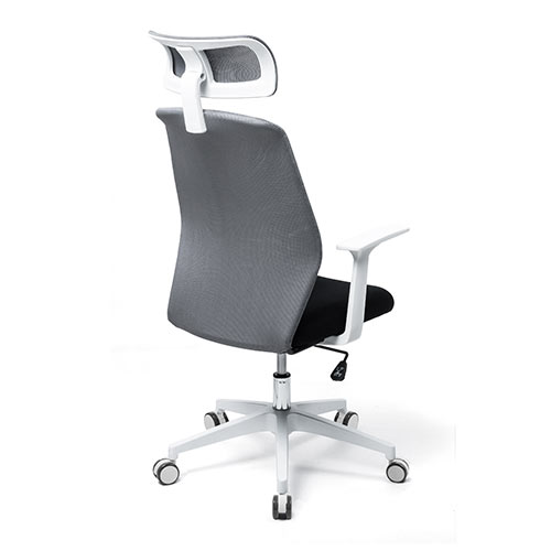 メッシュチェア（ロッキング・ハイバック・ヘッドレスト・肘掛け付き・ホワイトフレーム・ヘッドレスト・背もたれグレー）