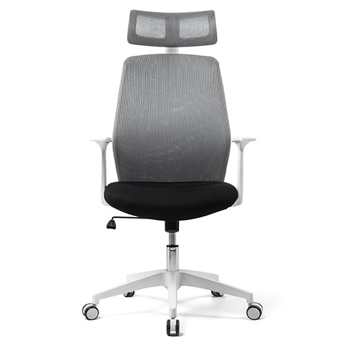 メッシュチェア（ロッキング・ハイバック・ヘッドレスト・肘掛け付き・ホワイトフレーム・ヘッドレスト・背もたれグレー）