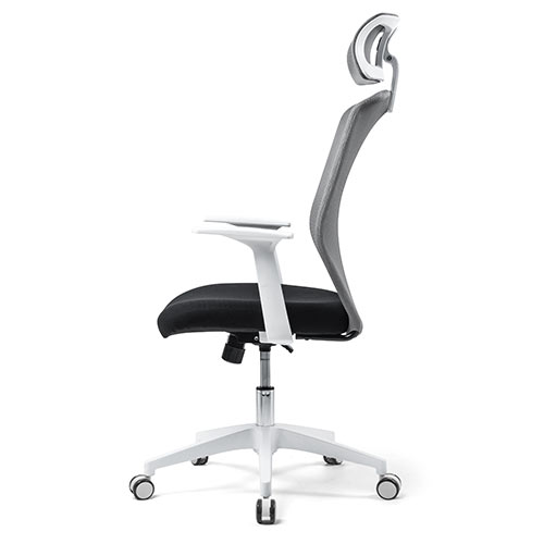 メッシュチェア（ロッキング・ハイバック・ヘッドレスト・肘掛け付き・ホワイトフレーム・ヘッドレスト・背もたれグレー）