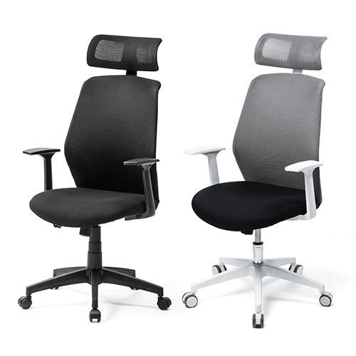 メッシュチェア（ロッキング・ハイバック・ヘッドレスト・肘掛け付き・ホワイトフレーム・ヘッドレスト・背もたれグレー）