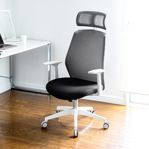 メッシュチェア（ロッキング・ハイバック・ヘッドレスト・肘掛け付き・ホワイトフレーム・ヘッドレスト・背もたれグレー）