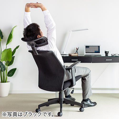 メッシュチェア（ロッキング・ハイバック・ヘッドレスト・肘掛け付き・ホワイトフレーム・ヘッドレスト・背もたれグレー）