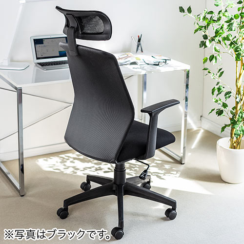 メッシュチェア（ロッキング・ハイバック・ヘッドレスト・肘掛け付き・ホワイトフレーム・ヘッドレスト・背もたれグレー）