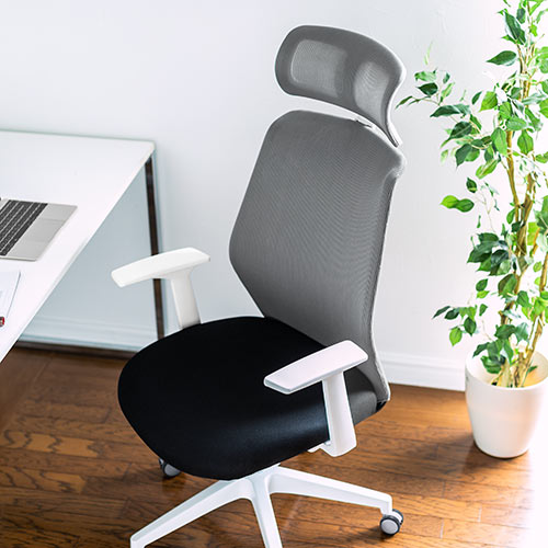 メッシュチェア（ロッキング・ハイバック・ヘッドレスト・肘掛け付き・ホワイトフレーム・ヘッドレスト・背もたれグレー）